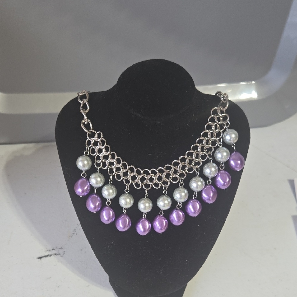 Silver Chain Necklace with Purple and White Pearls